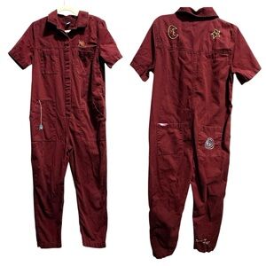 Old Navy Utility Jumpsuit Coverall Size M Maroon Embroidered Art Unique Workwear
